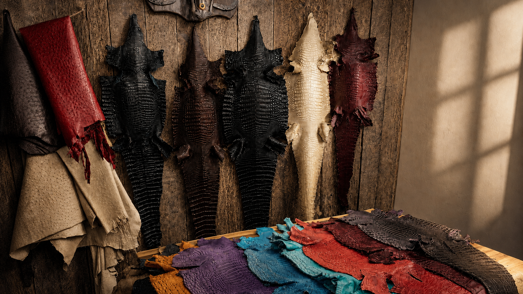 Tanned exotic hides in a range of registers on the tannery wall