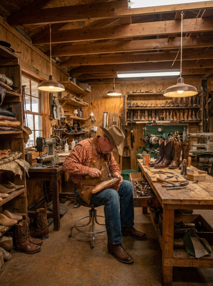 Bootmaker hand-stitching a Texas Exotic boot in the atelier