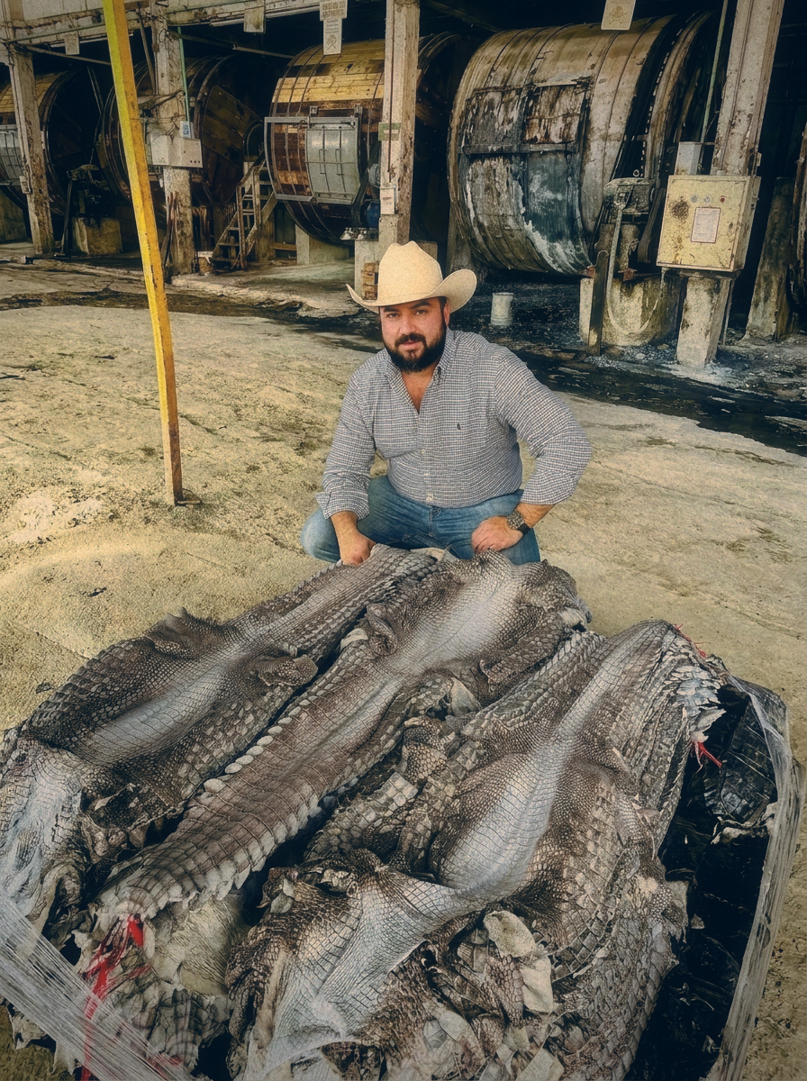 Gorge Marroquín, founder of Texas Exotic, holding a black crocodile boot in the Design Studio